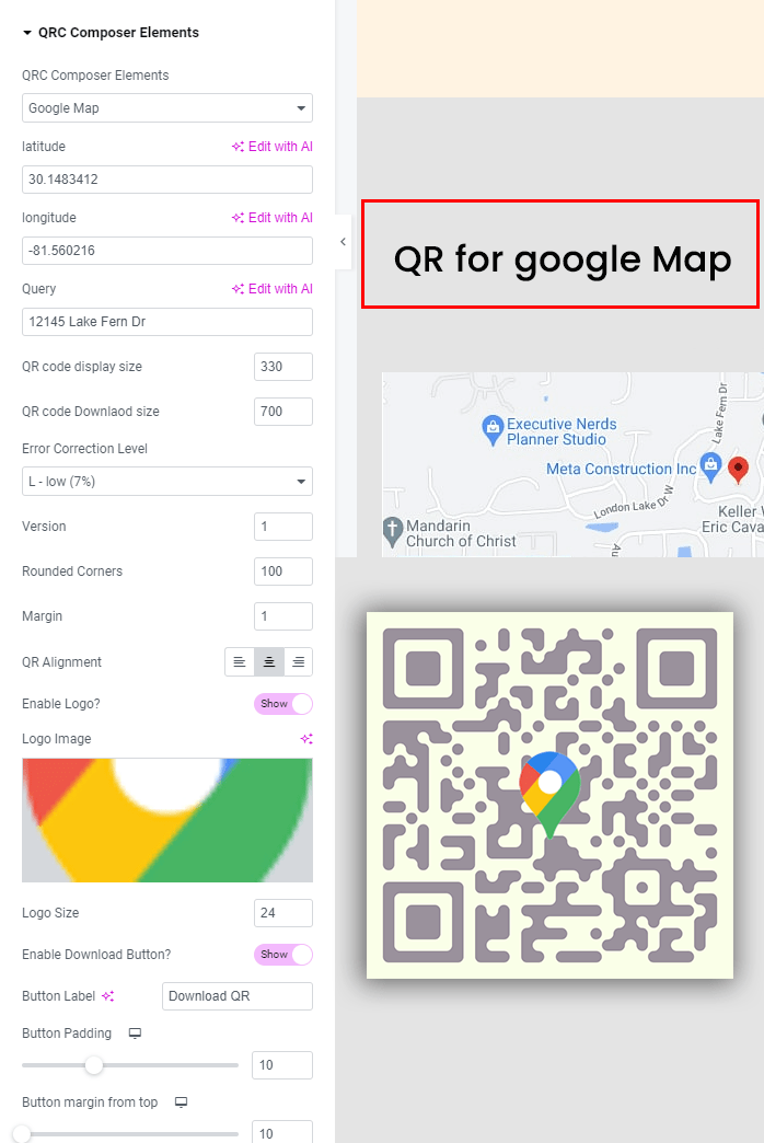 Google map QR from elementor