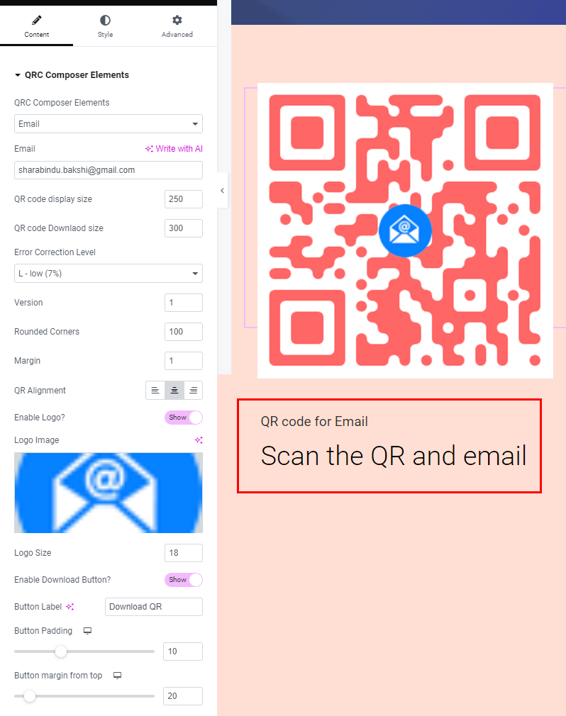 elementor QR code for email