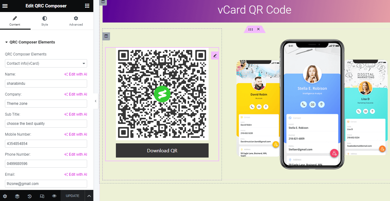 vCard QR code for elementor